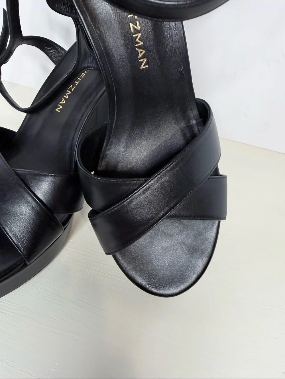 Stuart Weitzman Dayna Black Leather Platform Block Ankle-Strap Sandals 9.5 B